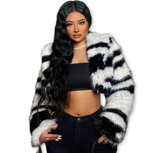 Zebra Print Faux Fur Long Sleeve Fluffy Jacket - Picture 2 of 8